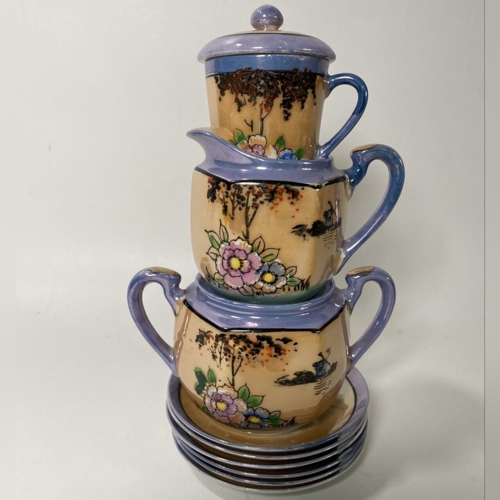 Japanese Lusterware Hand Painted Creamer & Sugar + 6 Plates Vtg EUC
